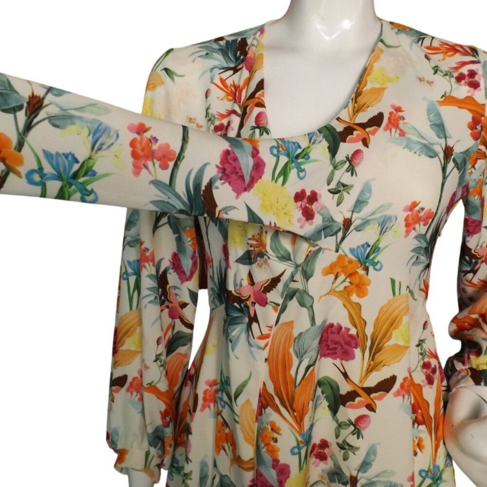 MICHELE NEGRI Mini Dress, M/44, White/Multicolor Floral, Long sleeve,Neck straps - Picture 3 of 13